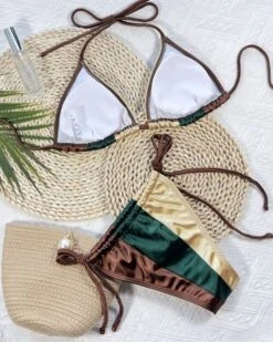Metallic Bikini Shiny Iris -Herz Schmuck Geschaft Metallic Bikini Triangel Bademode Bikini Set High Waist Brazilian String Shine Streifen braun gruen gold Shiny Iris 5