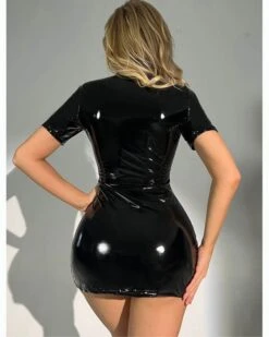 Latex Mini Kleid Lizzie -Herz Schmuck Geschaft Mini Latex Kleid kurzes Reissverschluss Latexkleid Kunstlatex Glanz Kragen Aermel Ausschnitt BDSM Fetisch Bekleidung Damen Lizzie schwarz 1