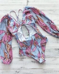 Monokini Badeanzug Fiorina -Herz Schmuck Geschaft Monokini Badeanzug Badekleid langarm Design Floral Badekleid Bademode Damen Blumen Sommer hellblau rosa Fiorina 3 188552