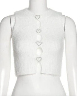 Plüsch Crop Top Corazon -Herz Schmuck Geschaft Pluesch Fluffy Crop Top Damen Cut Outs weich Herze Glitzer Strasssteine weiss Corazon 5