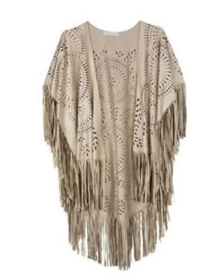 Poncho Cardigan Ethno Sun -Herz Schmuck Geschaft Poncho Cardigan Kimono Coverup Kunstleder Ethno Boho Bohemian Hippie Fransen Ibiza Ethno Sun beige 1