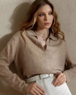 Kragen Pullover Graz -Herz Schmuck Geschaft Pullover Damen Sweater Knitted Loungwear Kragen lanarm V Ausschnitt Graz beige 3