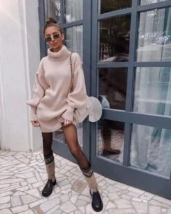 Rollkragen Pullover Strickkleid Jaina -Herz Schmuck Geschaft Rollkragen Pullover Kleid Sweater Rollkragenpullover Rollkragenkleid Strick Strickpullover Strickkleid Fashion Style Jaina beige 4 215393