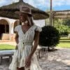 Boho Kleid Divine Grace -Herz Schmuck Geschaft Sommerkleid Damen Midi Kleid Bohochic Ruffle Perlen Stickerrei luftigen Hippiechic Baumwolle Hochwertig Divine Grace Creme Beige Cindy Boccia Ibiza 1