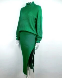 Zweierset Rock & Rollkragen Pullover Paula -Herz Schmuck Geschaft Strick Zweierset Zweiteiler Langer Rock Schlitz Rollkragen Pullover Cozy Loungewear Knitted Herbst Winter Damen Bekleidung Paula gruen 6
