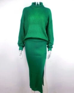 Zweierset Rock & Rollkragen Pullover Paula -Herz Schmuck Geschaft Strick Zweierset Zweiteiler Langer Rock Schlitz Rollkragen Pullover Cozy Loungewear Knitted Herbst Winter Damen Bekleidung Paula gruen 7