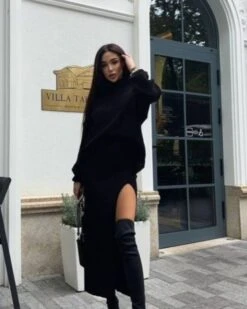 Zweierset Rock & Rollkragen Pullover Paula -Herz Schmuck Geschaft Strick Zweierset Zweiteiler Langer Rock Schlitz Rollkragen Pullover Cozy Loungewear Knitted Herbst Winter Damen Bekleidung Paula schwarz 1