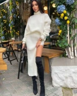 Zweierset Rock & Rollkragen Pullover Paula -Herz Schmuck Geschaft Strick Zweierset Zweiteiler Langer Rock Schlitz Rollkragen Pullover Cozy Loungewear Knitted Herbst Winter Damen Bekleidung Paula weiss 1