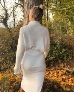 Zweierset Rock & Rollkragen Pullover Paula -Herz Schmuck Geschaft Strick Zweierset Zweiteiler Langer Rock Schlitz Rollkragen Pullover Cozy Loungewear Knitted Herbst Winter Damen Bekleidung Paula weiss Cindy 3