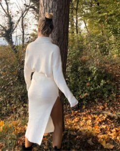 Zweierset Rock & Rollkragen Pullover Paula -Herz Schmuck Geschaft Strick Zweierset Zweiteiler Langer Rock Schlitz Rollkragen Pullover Cozy Loungewear Knitted Herbst Winter Damen Bekleidung Paula weiss Cindy 4