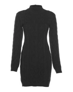 Strickkleid Norja -Herz Schmuck Geschaft Strickkleid Kleid Damen Strick Zopfmuster langarm Kragen offener Ruecken Loungewear JustStyle Shop Norja schwarz 3