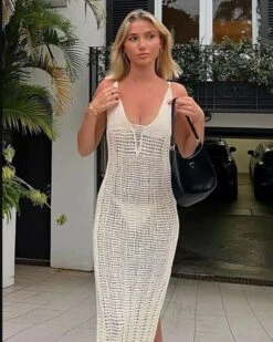 Langes Strickkleid Selma -Herz Schmuck Geschaft Strickkleid Sommerkleid Damen Kleid Grobstrick V Ausschnitt Boho Kleid Selma 1