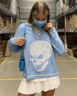 Pullover Totenkopf -Herz Schmuck Geschaft Strickpullover Pullover Damen V Ausschnitt Totenkopf Herz Skull weiss hellblau 10 225983