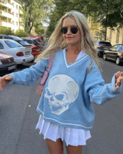 Pullover Totenkopf -Herz Schmuck Geschaft Strickpullover Pullover Damen V Ausschnitt Totenkopf Herz Skull weiss hellblau 7 160407