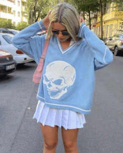 Pullover Totenkopf -Herz Schmuck Geschaft Strickpullover Pullover Damen V Ausschnitt Totenkopf Herz Skull weiss hellblau 8 284464