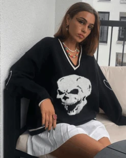 Pullover Totenkopf -Herz Schmuck Geschaft Strickpullover Pullover Damen V Ausschnitt Totenkopf Herz Skull weiss schwarz 1 353214