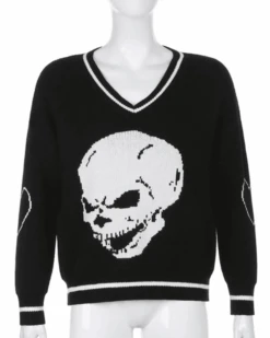 Pullover Totenkopf -Herz Schmuck Geschaft Strickpullover Pullover Damen V Ausschnitt Totenkopf Herz Skull weiss schwarz 3 979269