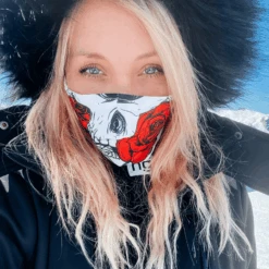 Community Maske Calavera Rosa -Herz Schmuck Geschaft Textilmasken Community Mask Stoffmasken Totenkopf Rosen weiss rot Skull Calavera Rosa Cindy 2