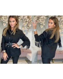 Fransen Jacke Alanis -Herz Schmuck Geschaft Wildleder Fransenjacke Jacke Herbst Uebergangsjacke Fransen Boho Hippie Halb Lang Kragen Alanis schwarz 1 399949