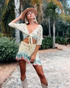 Zweiteiler Set Rock & Top Serena -Herz Schmuck Geschaft Zweiteiler Set Zweierset Boho Bohochic Wickelrock Rock Wickelbluse Bluse Damen Hippiechic goldene Details Batik Farbverlauf Serena gelb hellblau tuerkis 2