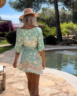 Zweiteiler Set Rock & Top Serena -Herz Schmuck Geschaft Zweiteiler Set Zweierset Boho Bohochic Wickelrock Rock Wickelbluse Bluse Damen Hippiechic goldene Details Batik Farbverlauf Serena hellgruen rosa 3