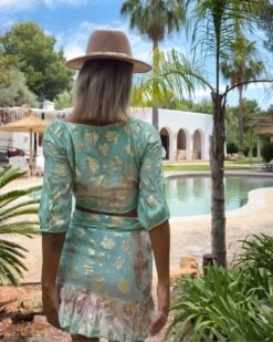 Zweiteiler Set Rock & Top Serena -Herz Schmuck Geschaft Zweiteiler Set Zweierset Boho Bohochic Wickelrock Rock Wickelbluse Bluse Damen Hippiechic goldene Details Batik Farbverlauf Serena hellgruen rosa 4