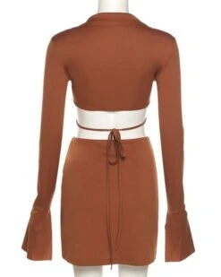 Zweiteiler Set Brownie -Herz Schmuck Geschaft Zweiteiler Zweierset Damen Bekleidung Crop Top langarm Flare Aermel Kragen Bluse Minirock Rock Jupe Wickelrock Brownie braun 7