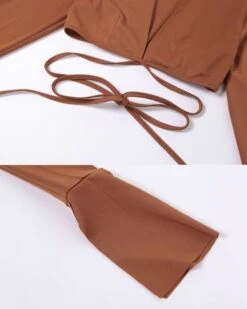 Zweiteiler Set Brownie -Herz Schmuck Geschaft Zweiteiler Zweierset Damen Bekleidung Crop Top langarm Flare Aermel Kragen Bluse Minirock Rock Jupe Wickelrock Brownie braun 9