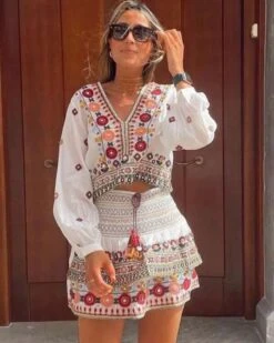 Zweiteiler Set Fleur Zofie -Herz Schmuck Geschaft Zweiteiler Zweierset Damen Rock Bluse weiss Blumen Muster Boho Hippie Fashion weiss farbig Fleur Zofie 7