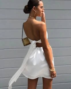 Satin Zweiteiler Set Amina -Herz Schmuck Geschaft Zweiteiler Zweierset Rock Bandeau Wickel Oberteil Crop Top Neckholder Satin Set weiss gold Amina 10